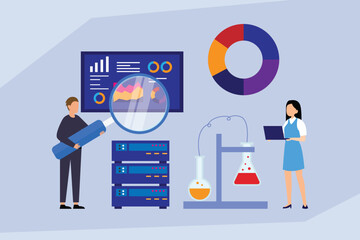 Data Science and Research Analysis: Scientific Testing and Server Data Inspection 2d flat vector illustration © Creativa Images