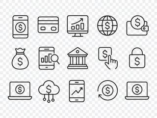 collection of modern, thin line vector icons for finance, banking, business, and payment systems, perfect for web and mobile apps. 