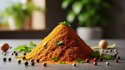 Vibrant turmeric spice heap with fresh herbs and aromatics on kitchen countertop