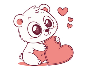Cute cartoon panda holding a pink heart with love
