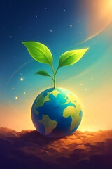 Sprout emerging from soil shaped like miniature Earth, sunlight shining through leaves, semi-realistic eco-cosmic tone