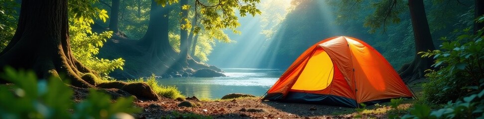 Riverfront campsite, forest canopy overhead, sturdy tent, hiking, backpacking, relaxation