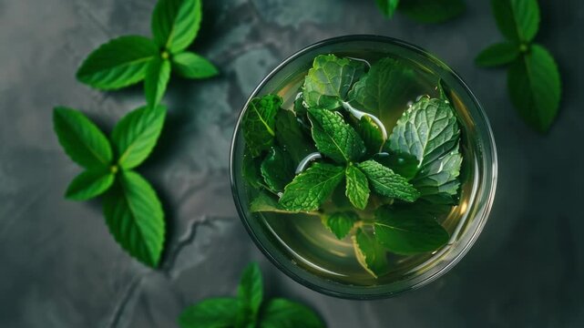 Brightly colored and inviting beverage with ice, lemon slices and mint leaves on a dark surface.