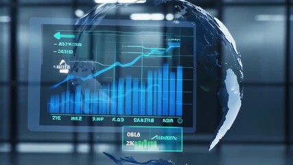 Digital representation of financial data with a globe backdrop, charts on screen - Powered by Adobe