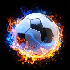 Fototapeta premium Soccer ball engulfed in vibrant blue and orange flames (1)