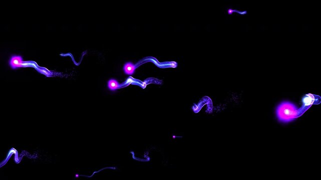 Wavy glowing purple particles in abstract motion trail effect on black background
