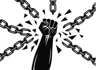Vector Illustration of Raised Fist Breaking Chains &ndash; Black and White Symbol of Freedom, Resistance, Empowerment, and Social Justice in Bold Graphic Style
