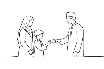 Line Art Muslim Family Greeting Illustration for Eid and Respectful Togetherness