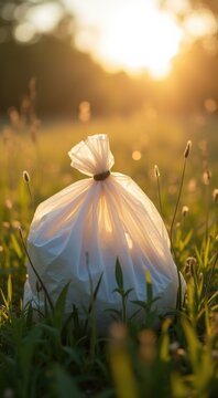 Bag of garbage sitting in the middle of a field