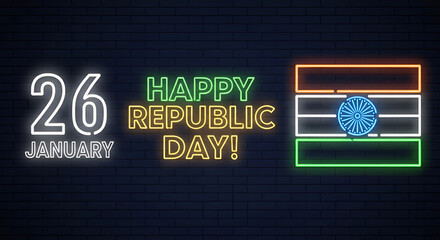 Vector realistic isolated neon sign of 26 January, Happy Republic Day in India logo for decoration and covering on the wall background