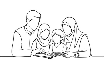 Minimalist Muslim Family Reading Quran Together Line Art Illustration for Islamic Education Concept