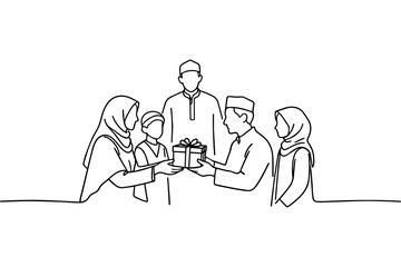 Minimalist Muslim Family Sharing Food Together Line Art Illustration for Ramadan Iftar Concept