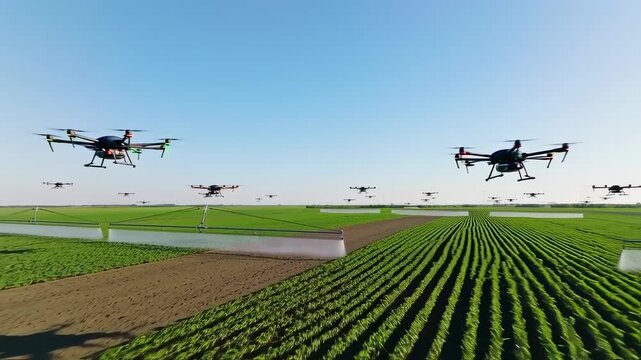 Drone swarm sprays fields of crops under a bright blue sky, illustrating agricultural tech