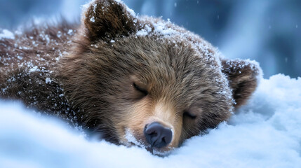 Obraz premium A sleeping brown bear covered in fresh snow, a wild animal hibernating in a winter forest, a peaceful close-up portrait, a nature concept of cold weather survival.