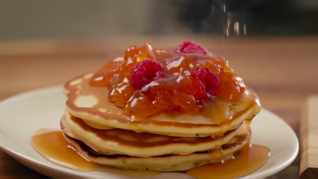 Nectarine Raspberry Compote Over Pancakes