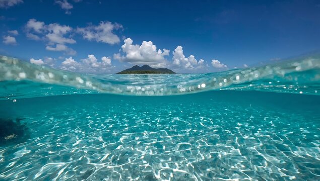a stunning split-level shot of the ocean, sky, and a distant island, the water and sky are crystal clear