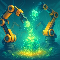 Robotic arms assembling new structures from glowing recycled materials, bright semi-realistic composition with metallic reflections