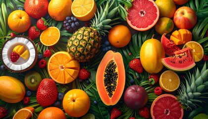 Lush assortment of vibrant tropical fruits scattered on green foliage