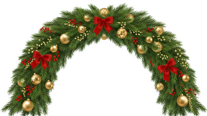 Christmas arch garland with golden balls red bows and pine cones on transparent background new year decoration