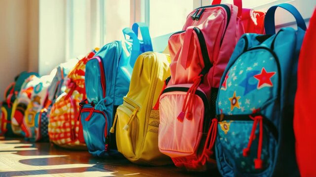 A row of colorful backpacks with unique designs and patterns.