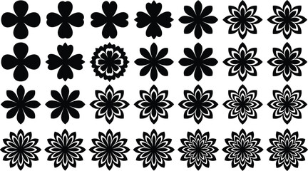Floral ornament silhouette set displaying symmetrical petal flower designs arranged in grid layout decorative flat vector elements for patterns branding crafts