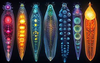 Stunning diatom collection, microscopic phytoplankton with radiant glowing colors, intricate geometric formations, hyperrealistic details, 8K ultra HD