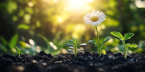 De la graine a la fleur etapes de croissance dune paquerette, soleil eclatant et fond vert naturel, evolution lente