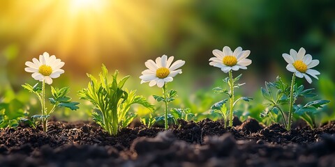 De la graine a la fleur etapes de croissance dune paquerette, soleil eclatant et fond vert naturel, evolution lente