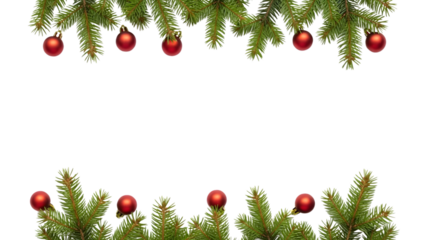 Christmas festive border with green fir branches and red baubles on transparent background isolated on transparent background