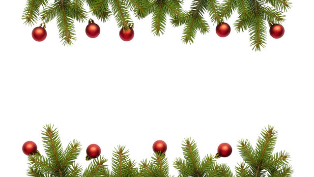 Christmas festive border with green fir branches and red baubles on transparent background isolated on transparent background - Powered by Adobe