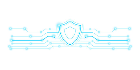 Tech shield symbol made of connected lines and nodes, futuristic background, glowing circuitry, overlay.  © Aamir Gfx