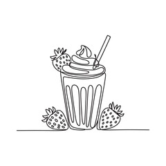 A single line drawing of a strawberry smoothie in a tall glass