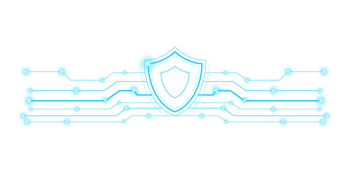 Tech shield symbol made of connected lines and nodes, futuristic background, glowing circuitry, overlay. 
