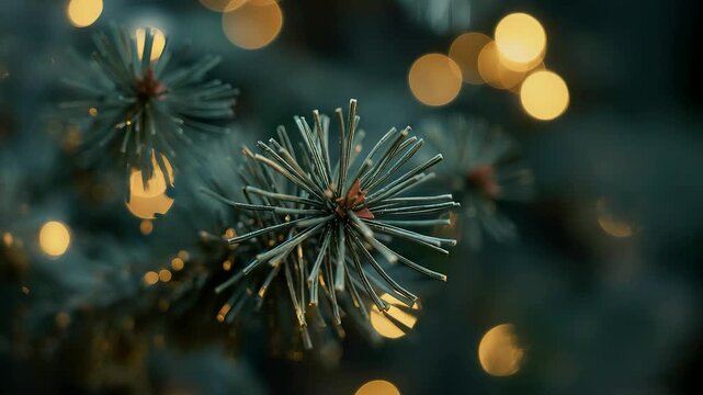 Soft Focus Pine Needles with Warm Golden Bokeh Lights Creating a Calm Winter Mood Natural Texture and Cozy Seasonal Atmosphere