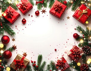 Holiday gifts, ornaments, and garland arranged on white backdrop