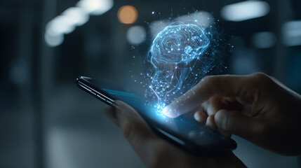 Human interacting with luminous neural network on mobile device human hand smartphone