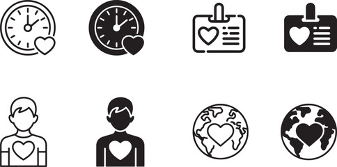Black and white line art and solid icons depicting love care time global human connection and health related concepts