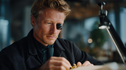 A jeweler restoring a fragile heirloom ring, magnifying glass reflecting tiny details as modern tools revive a piece of family history. cinematic color correction, natural uneven lighting yet