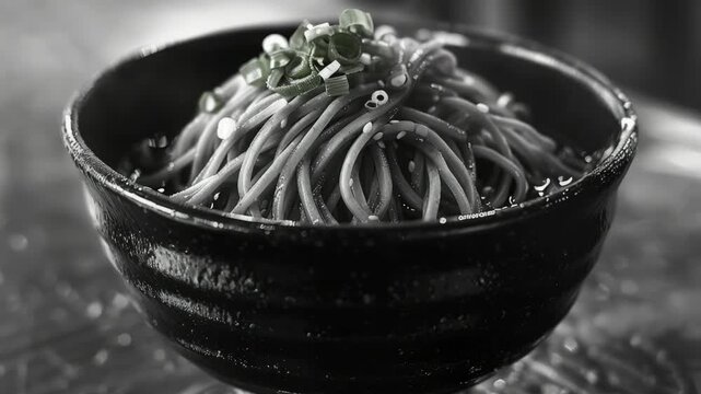 A mouthwatering close-up shot of a bowl of soba noodles with fresh green onions.