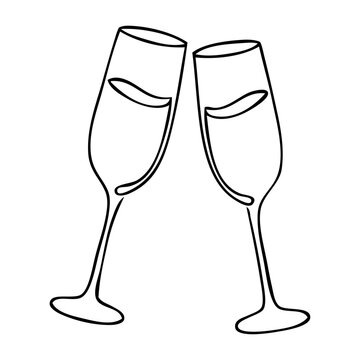 Dibujo de l&iacute;nea &uacute;nica de 2 copas de champ&aacute;n haciendo un brindis 