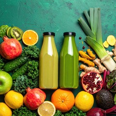 Two bottles of vibrant green and yellow healthy smoothies surrounded by a colorful array of fresh fruits and vegetables