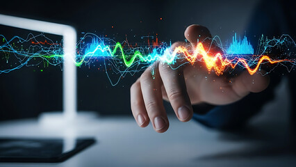 A person s hand interacting with a vibrant digital waveform graph