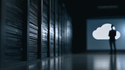 A silhouette of professional stands before server racks in a darkened server room, a minimalist image embodies modern data center architecture and cloud computing