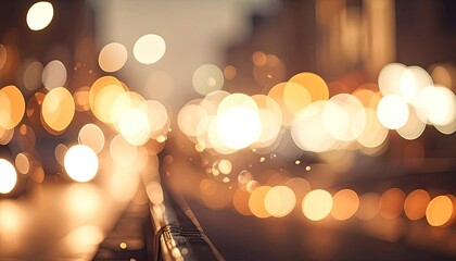 City lights blurred, with bokeh effect and warm hues. Railing visible