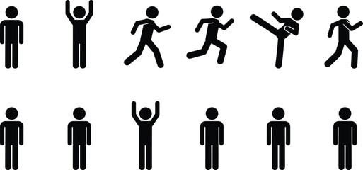 Human activity pictogram set showing standing running jumping kicking walking poses minimalist black silhouettes for sport fitness interface signage design