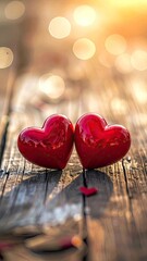 Two shiny red hearts on rustic wood with soft bokeh background
