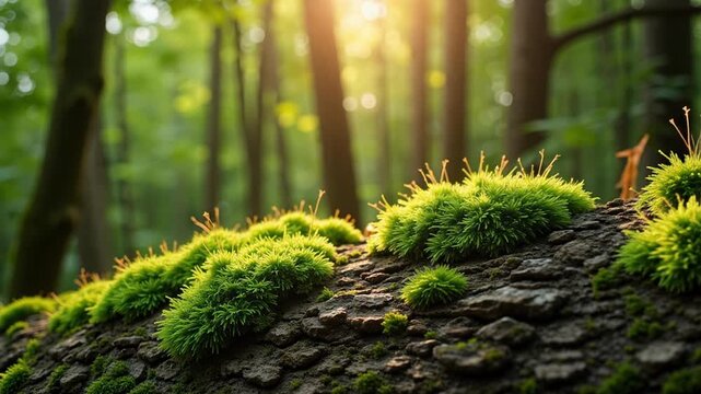 Green moss on tree bark with soft sunlight filtering through forest canopy