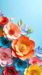 Colorful paper flowers in various hues arranged on a light blue background