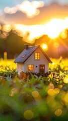 Miniature home in sunlit grass, warm sunset glow