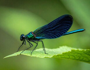 Iridescent damselfly resting on a green leaf with a soft, out-of-focus background